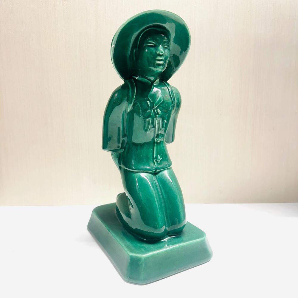 Vintage Green Glazed Asian Kneeling Man Boy Lamp Base Figurine Sculpture